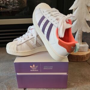 Adidas White Sneakers with Purple and Orange Accents